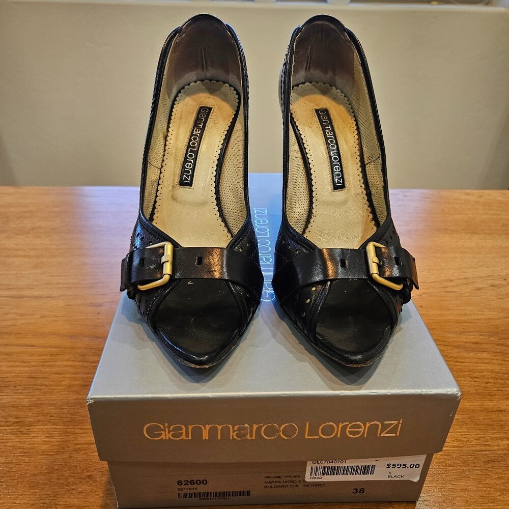 GIANMARCO LORENZI Black Nappa Leather Heels Size 38 - Made in Italy